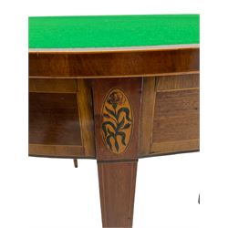 Georgian mahogany demi-lune card table, inlaid and crossbanded, hinged fold-over top, twin gate-legs
