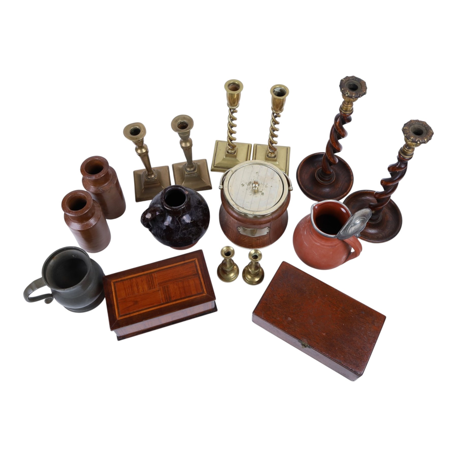 Pair of Barley open twist candlesticks, together with a similar brass pair, wooden biscuit barrel, boxes etc   