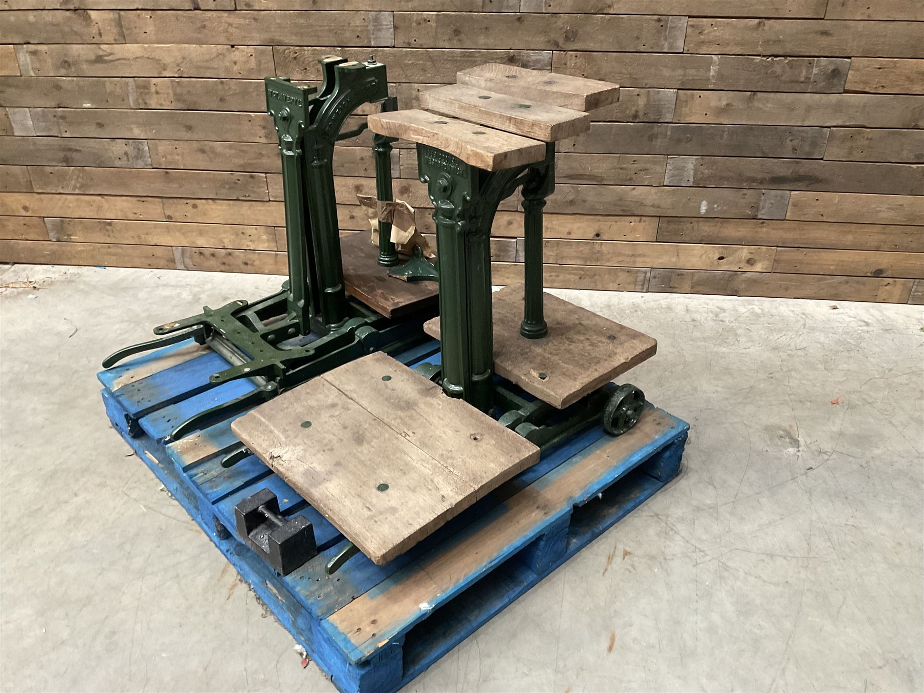 Two pairs of Victorian cast iron potato scales, one damaged with a 5kg weight