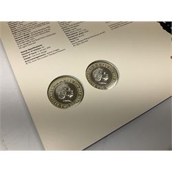 Sixteen two pound coin covers, including 'The End of the Second World War 60th Anniversary' 2005, 'King James Bible' 2011, 'London Underground 150 Years of Service' 2013, etc