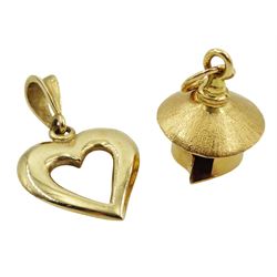 9ct gold heart pendant and an 18ct gold hut pendant/charm, stamped or hallmarked