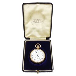 Early 20th century 9ct gold open face keyless lever pocket watch by Rolex, white enamel dial with Roman numeral hour markers and subsidiary seconds dial, case by Dennison, Birmingham 1925