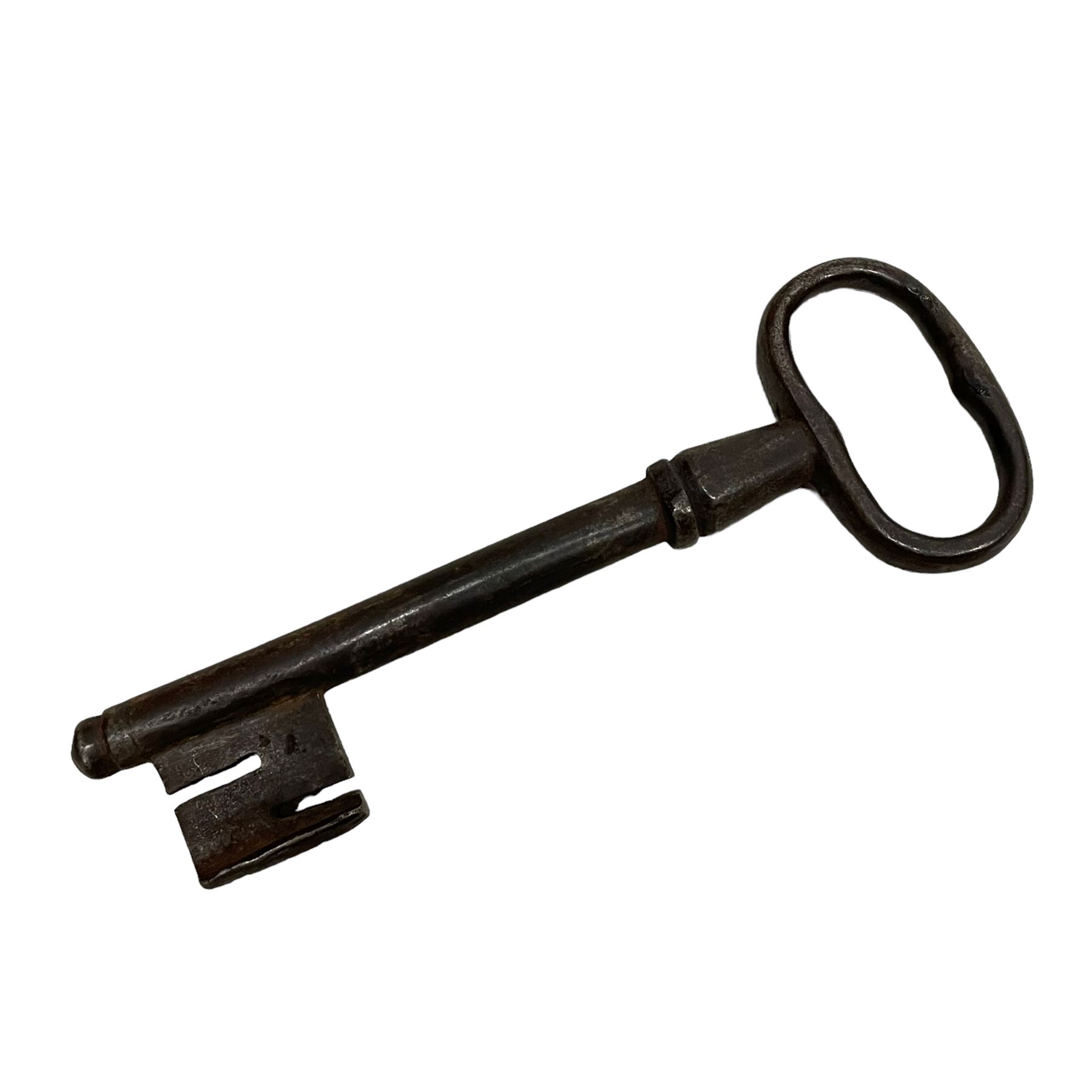 19th century painted oak sea chest, hinged dome top enclosing small compartment, bound by shaped and pressed metal strapwork, scumbled finish to resemble oak and painted with small vignettes depicting portraits and landscapes within panels, fitted with large wrought metal carrying handles, the front inscribed 'H.J.S. 1870' 