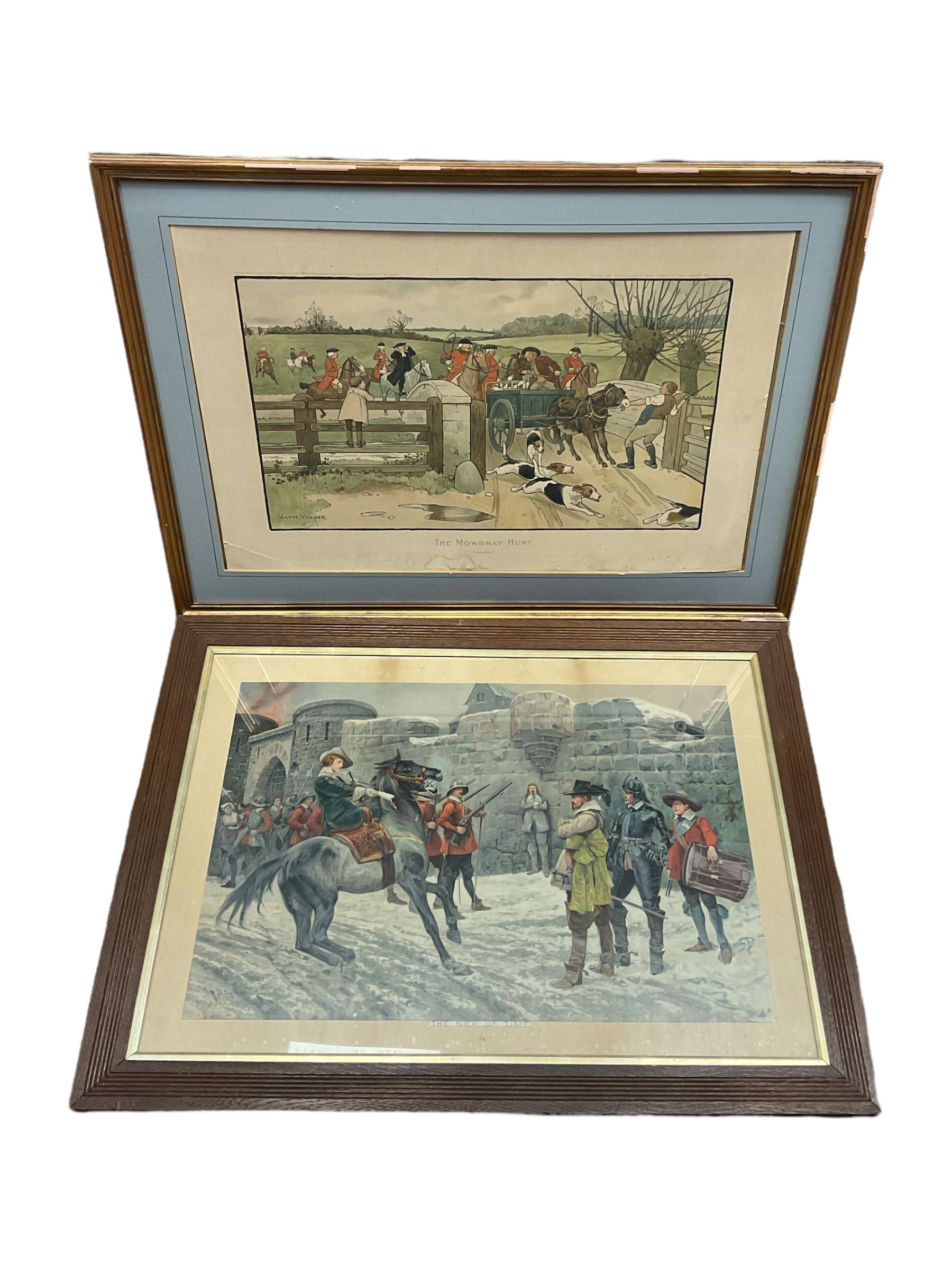 After Sir Joshua Reynolds (British 1723-1792): 'Lord Henry and Lady Charlotte Spencer', engraving with hand colouring pub. 1790; After Heywood Hardy (British 1843-1933): 'In the Lap of Luxury', engraving; After John Watson Nicol (British 1856-1926): 'An Immediate Settlement will Oblige', engraving; after Charles Staniland (British 1838-1916): 'Saved at Last', engraving; After Gaton Woodville: 'In the Nick of Time', colour print; after Victor Venner: 'The Mowbray Hunt Checked', colour print together with pair colour prints after Fred Elwell, a Chinese print, a mirror, further pictures etc, max 45cm x 68cm