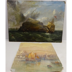  Sailing Vessel rounding a Rocky Headland, 19th century oil and canvas unsigned 62cm x 84cm and a watercolour of Whitby signed by Frederick William Booty (a.f.) (2)  