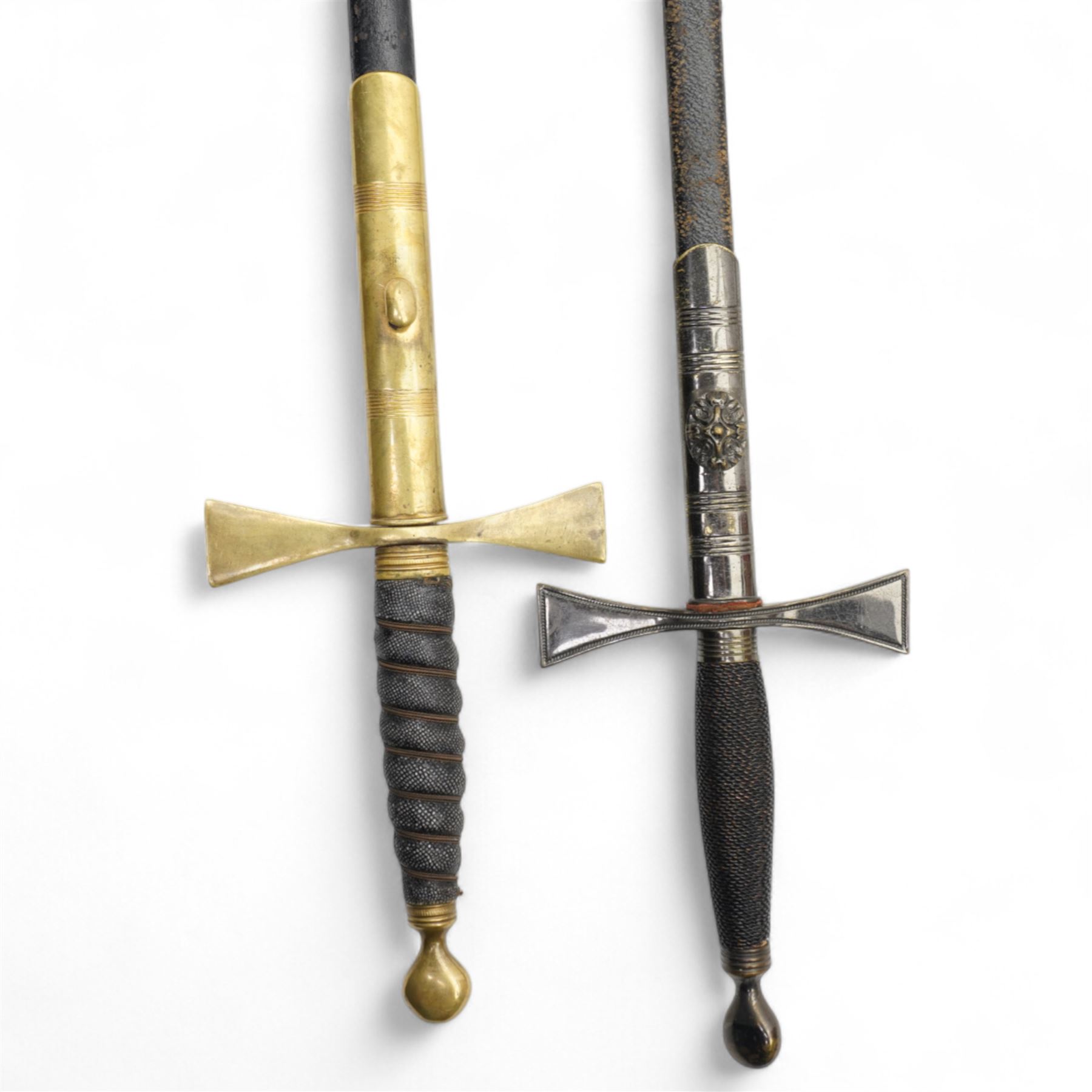 Masonic ceremonial sword with engraved blade, wire wound grip and scabbard and another similar (2)