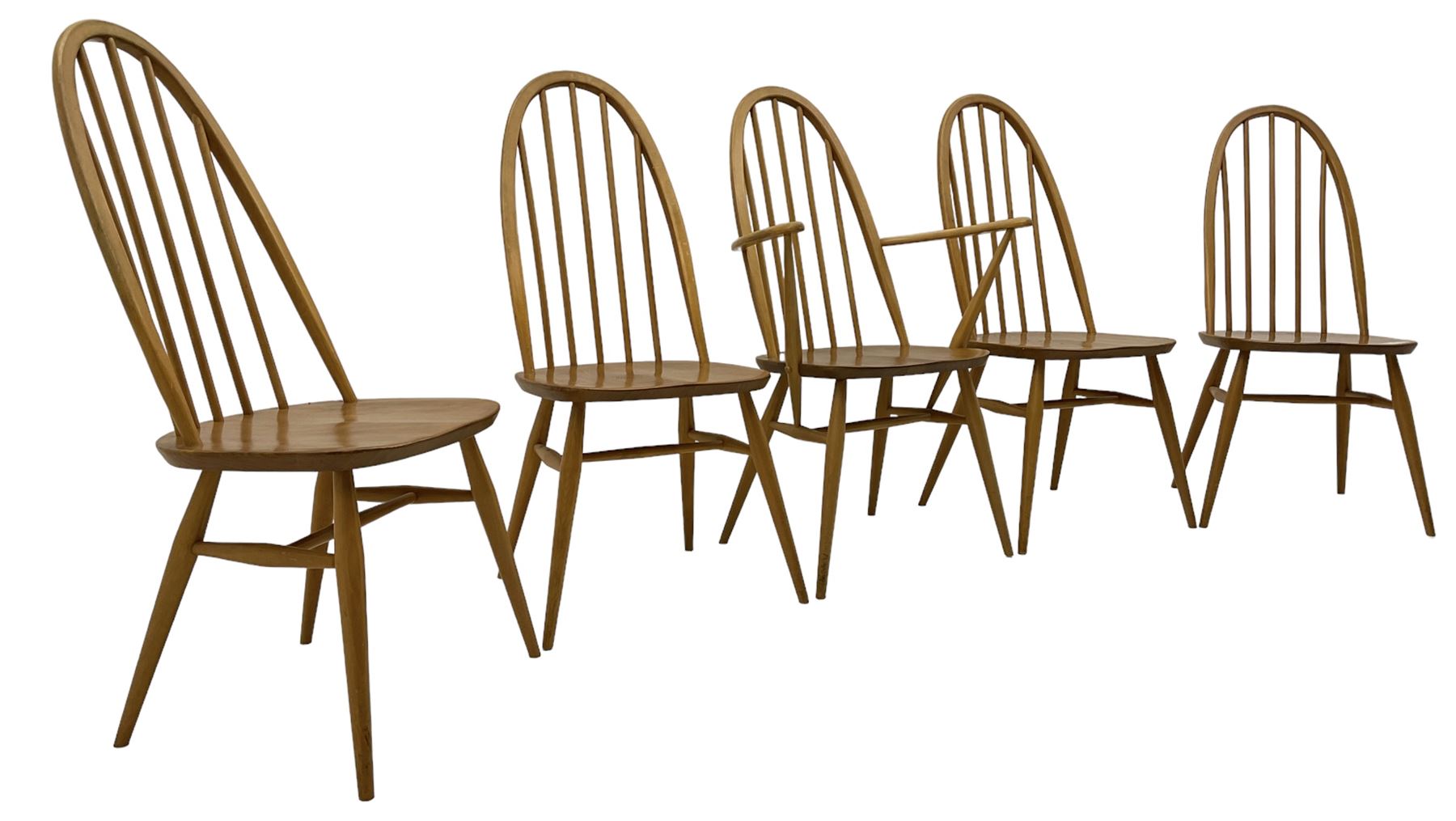 Ercol - set if five (4+1) elm and beech 'Windsor' dining chairs, high hoop and stick back, on tapering splayed supports united by H stretchers 