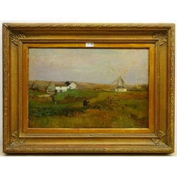 Willem Roelofs (Dutch 1822-1897): Windmill Landscape with Figures Picking Vegetables, oil on canvas signed 40cm x 60cm 