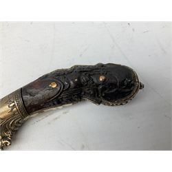 19th century Singhalese knife pia kaetta, the 20cm steel blade inset with yellow and white metal, with metal mounted carved pistol grip, in plain wooden scabbard L33cm overall
