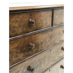 Victorian figured mahogany chest fitted with two short and four long drawers, rounded corners, W149cm, D58cm, H148cm