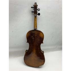 German trade violin c1900 stamped PAGANINI with 35.5cm two-piece maple back and ribs and spruce top L58.5cm overall; in carrying case; and another German trade violin for spares or repair; in carrying case (2)
