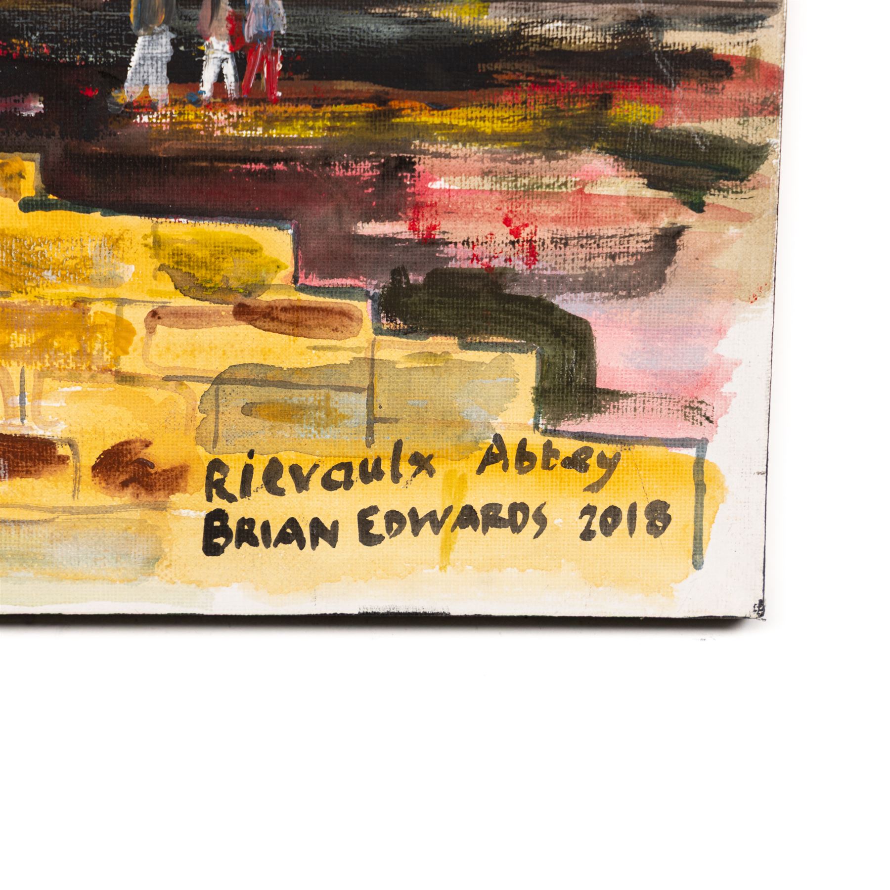 Brian Edwards (British 1944-): 'Rievaulx Abbey 2', acrylic on canvas signed and dated 2018, titled verso 40.5cm x 50.5cm (unframed)
Notes: Dr Brian Edwards is Emeritus Professor of Architecture at ECA Edinburgh University. He is the author of the book ‘Understanding Architecture through Drawing’, has exhibited at the Edinburgh Festival, the RSA and architecture section of the RA Summer Exhibition. As a retired architect, his paintings explore the interface between art and architecture