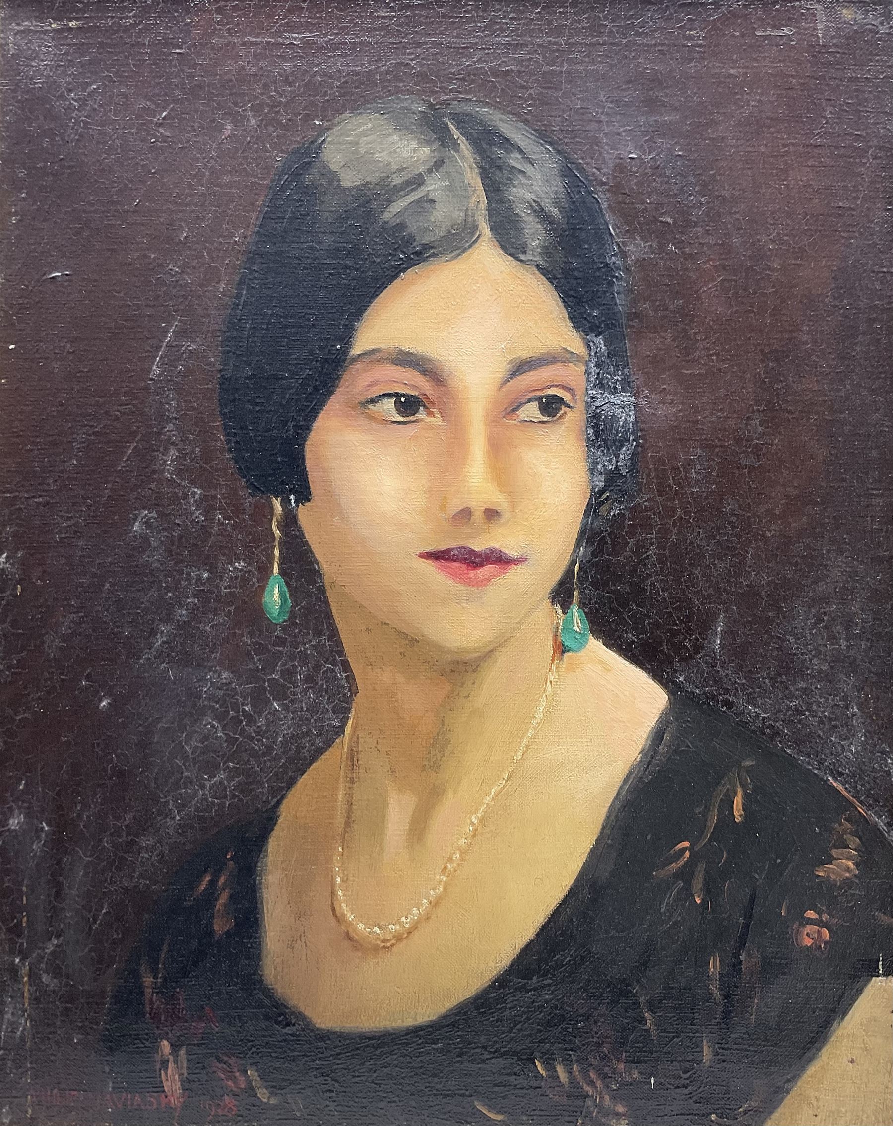 Philip Naviasky (Northern British 1894-1983): Portrait of a Young Lady with Jade Drop Earrings, oil on canvas signed and dated 1928, 49.5cm x 39.5cm