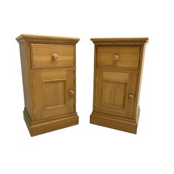 Pair traditional pine bedside cabinets, single drawer over cupboard