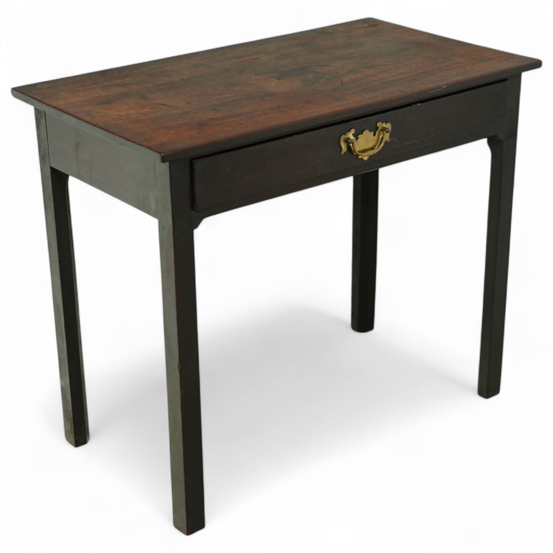 George III stained mahogany side table, rectangular top with aged finish, fitted drawer with brass swing handle on square legs