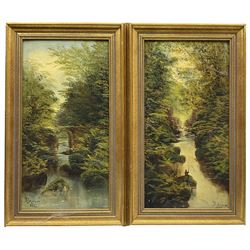 David Motley (British 19th century): River Landscape with Bridge and Angler, pair oils on board signed and dated 1882 & 1884, 40cm x 20cm (2)