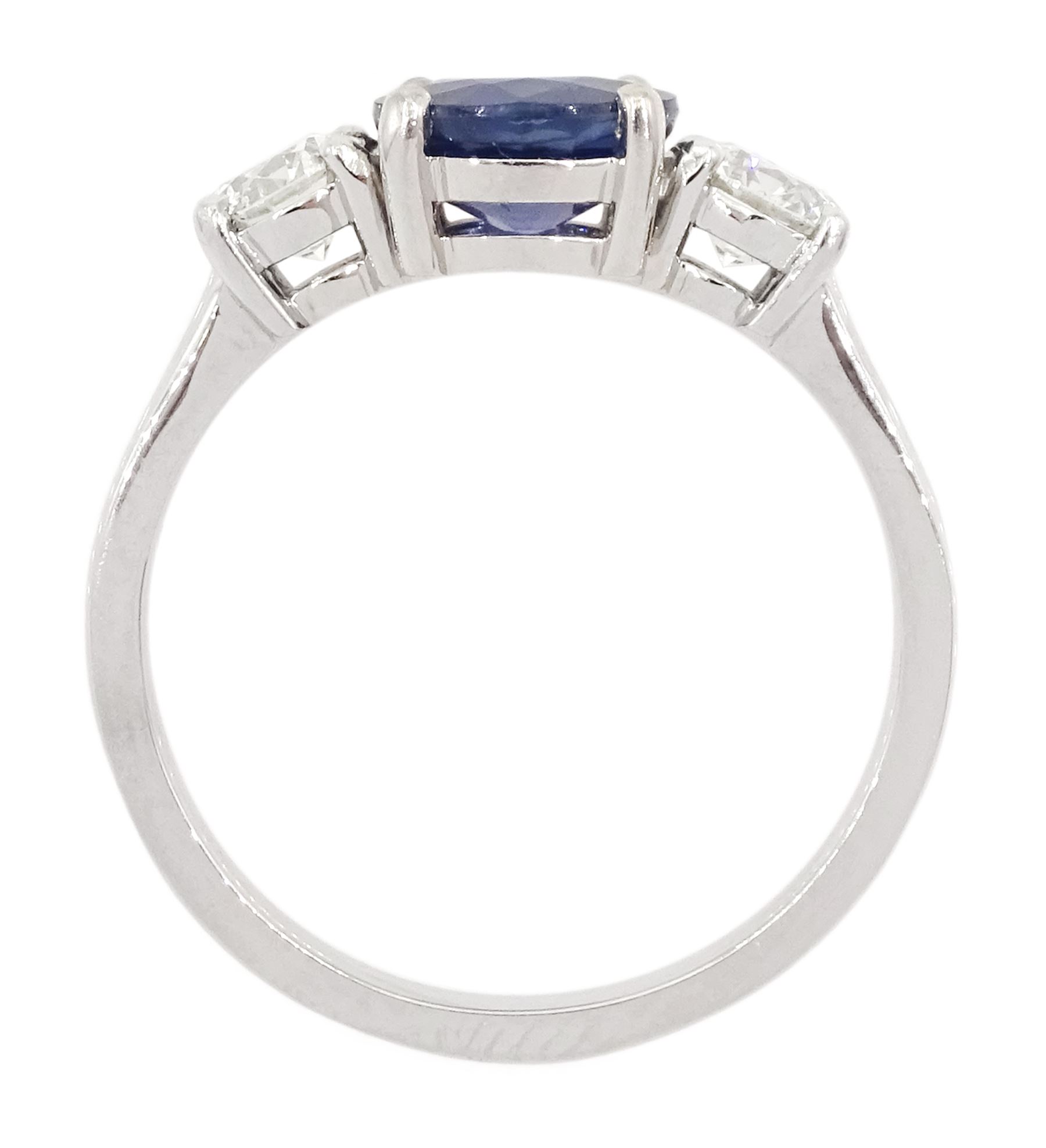 Platinum three stone sapphire and round brilliant cut diamond ring, sapphire approx 1.40 carat, total diamond weight approx 0.65 carat