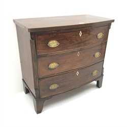  19th century mahogany bow front chest, three drawers, shaped bracket supports, W81cm, H76cm, D42cm  