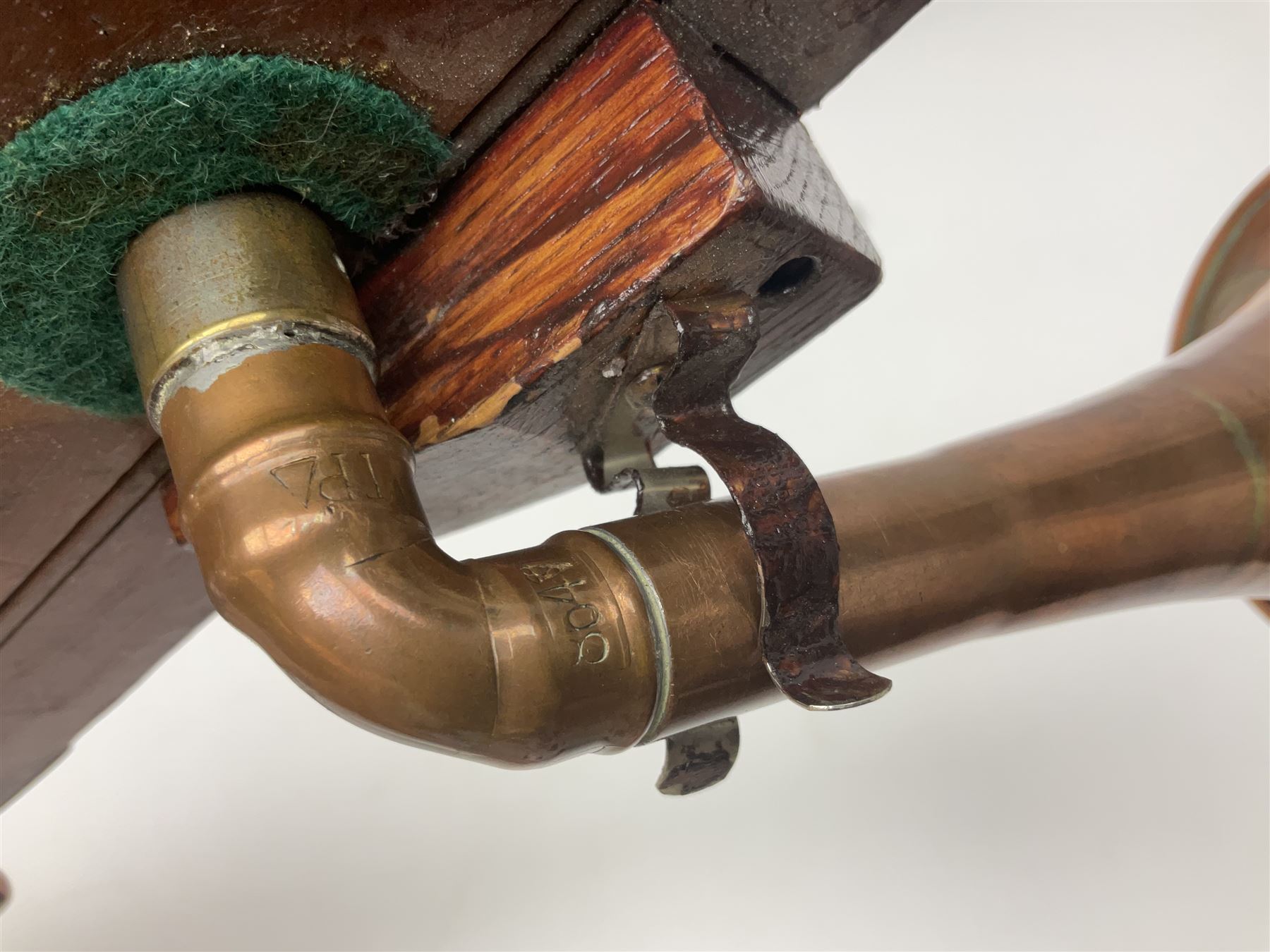 Fruitwood and elm single string phono fiddle with long neck and copper horn L76cm; and a violin bow (2)