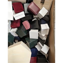 Large collection of jewellery boxes, including velvet, leatherette and cardboard examples, together with three leatherette jewellery displays, in four boxes 