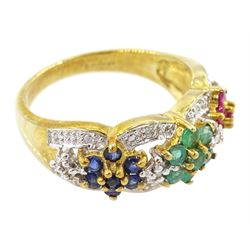 9ct gold multi gemstone set flower head ring, three ruby, sapphire and emerald clusters, with diamond set surround, hallmarked