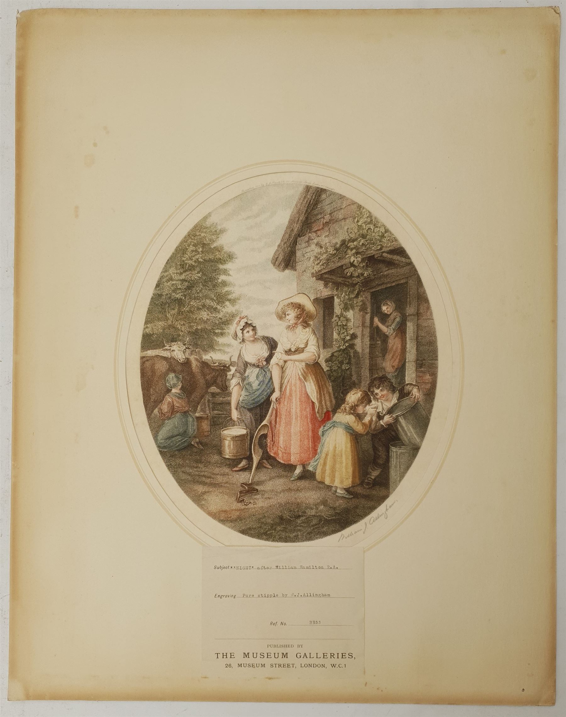 After William Hamilton RA (British 1751-1801): 'Morning Noon Evening and Night', set four colour stipple engravings by William J Allingham signed in pencil 32cm x 27cm (4) (unframed) 
Provenance: pub. GJ Howell, Museum Galleries, London 1919