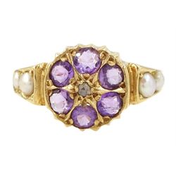 14ct gold amethyst, diamond and pearl ring, single rose cut diamond, surrounded by six rou...