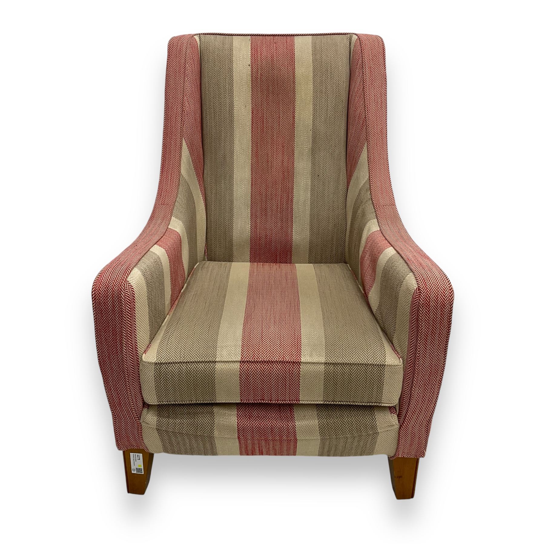 Multiyork - 'Alpine' highback armchair, upholstered in red and beige herringbone striped fabric, gently sloped arms over loose seat cushion, raised on square tapered hardwood supports