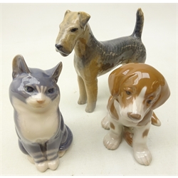  Two Royal Copenhagen models Airedale Terrier 3139 and Cat 1805 and a Bing and Grondahl Dog 1926 (3)  