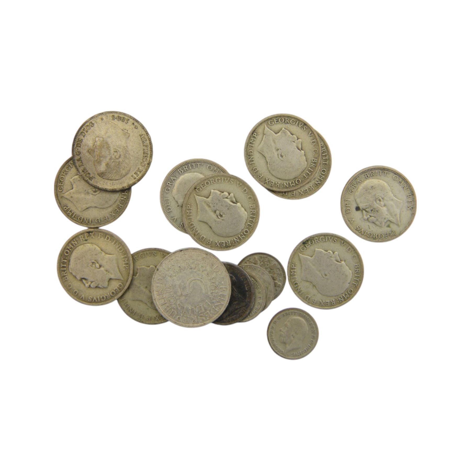 Great British and World coins, including pre 1947 silver one florins, pre-decimal coinage, German 1965 five mark coin etc, Canada one dollar note an RAOB Memorial Wing jewel