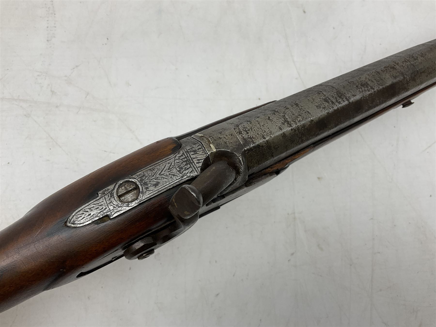 Composed decorative percussion action sporting gun, the 79cm barrel with ramrod under and Indian style studded stock L124cm overall