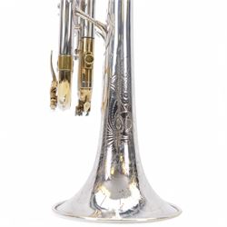Vintage 20th century Olds Recording Los Angeles silver finished trumpet with three cylinder valves, finger ring and mouthpiece, in a velvet lined hard case.