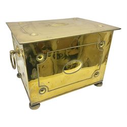 Brass rectangular coal box with handles and hinged lid