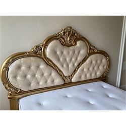 Rococo style 6' Super Kingsize bed, ornate shaped and floral design in wood finish, upholstered buttoned headboard, decorated with scrolled foliate and flower heads, together with mattress