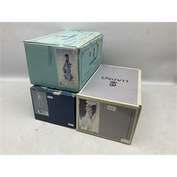 Three Lladro figures comprising, Pocket Full of Wishes no 7650, School Days no 7604 and Spring Bouquets no 7603, all with original boxes, largest example H26cm  