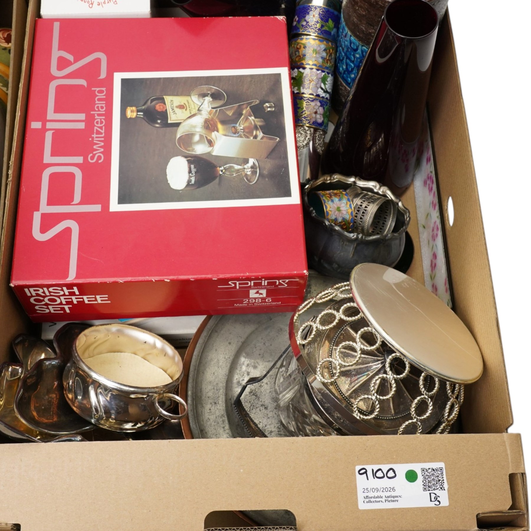 Collection of metal ware and kitchenalia, including a set of cloisonne napkin rings, carved wooden items, boxed Irish coffee set, WMF kitchen plate etc