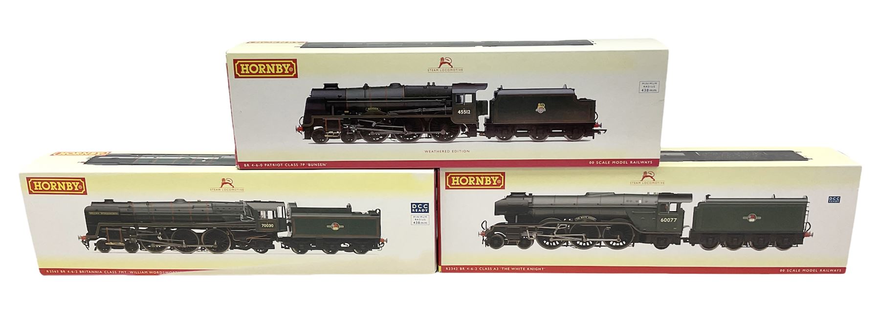 Hornby '00' gauge - Britannia Class 7MT 4-6-2 locomotive 'William Wordsworth' no. 70030, Patriot Class 7P 4-6-0 locomotive 'Bunsen' no. 45512 and Class A3 4-6-2 locomotive 'The White Knight' no. 60077, all DCC ready (3)