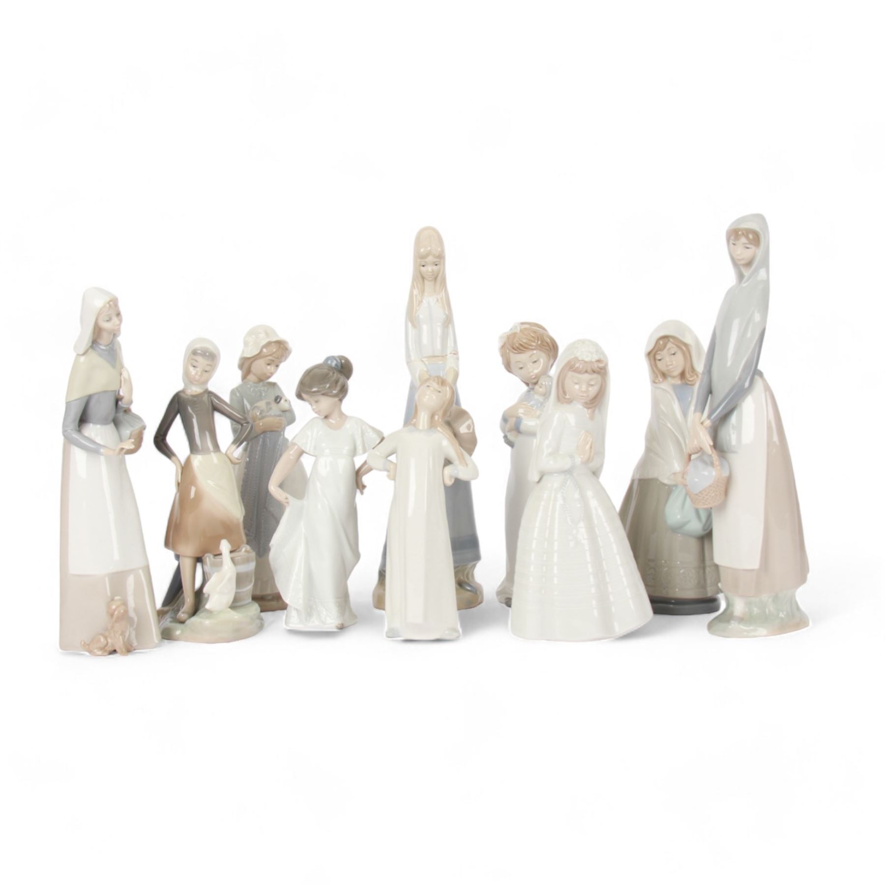 Four Lladro figures, including Market Day no 4502, Girl with Milk Pail no 4682 etc, together with five Nao figures and one other 