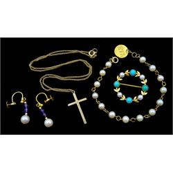 Gold pearl and turquoise brooch, pearl bracelet, pair of amethyst and pearl pendant screw back earrings and a gold cross pendant necklace, all 9ct
