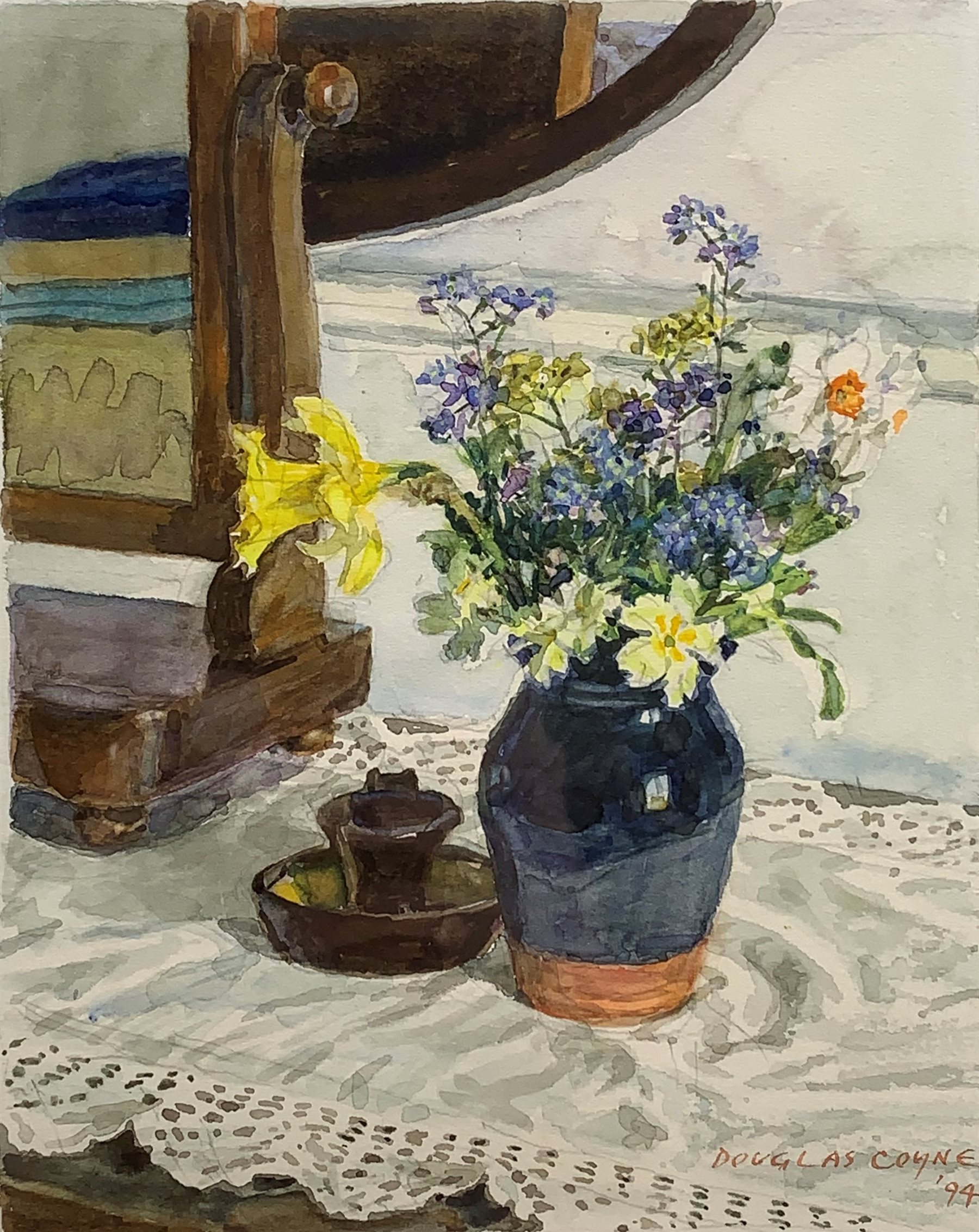 Douglas Coyne (British 1930-2008): Still Life of Flowers on the Dressing Table, watercolour signed and dated '94, 21cm x 17cm