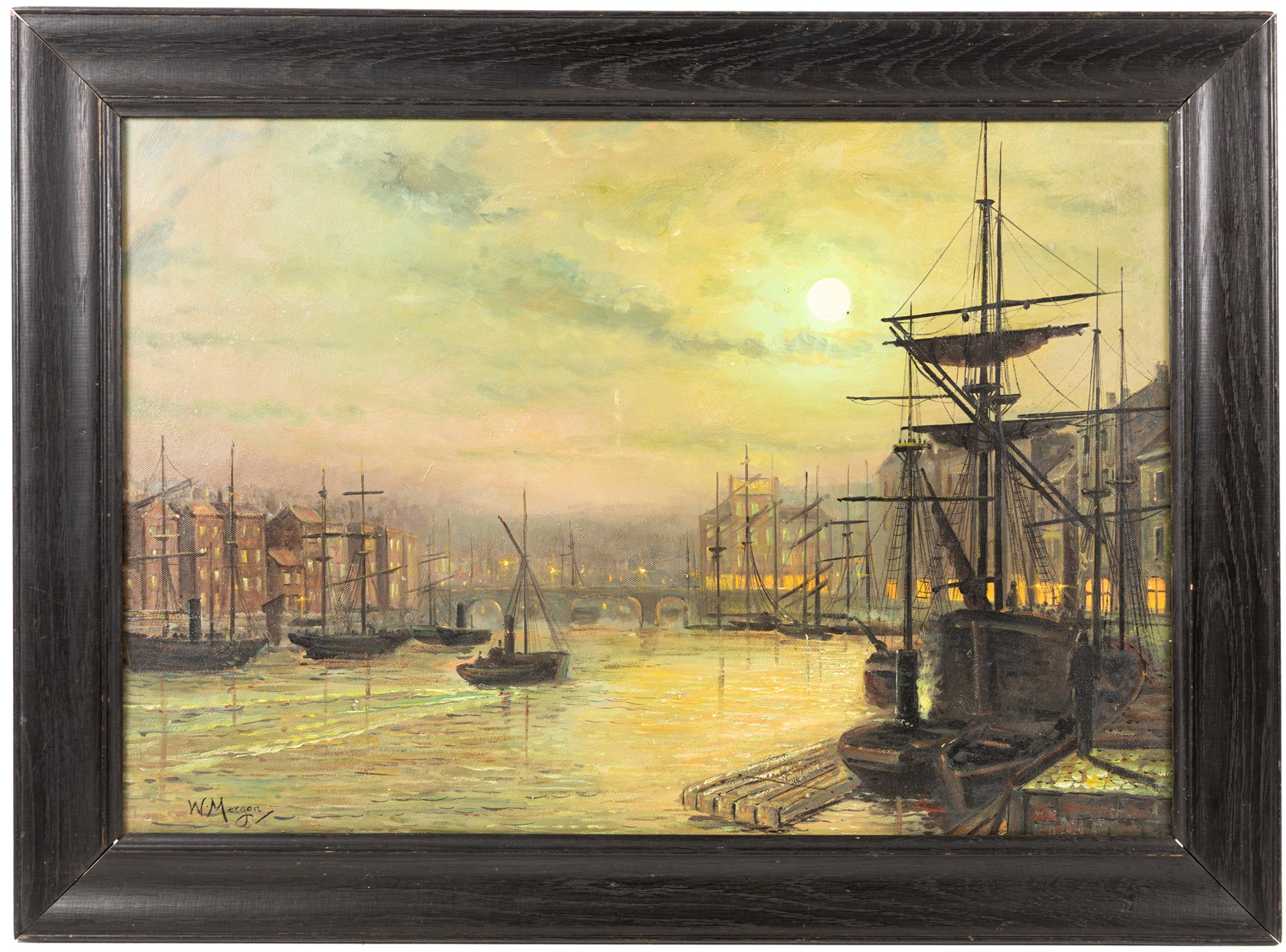 After Walter Linsley Meegan (British c1860-1944): Whitby Harbour by Moonlight, oil on canvas laid on to board bears signature 37cm x 58cm