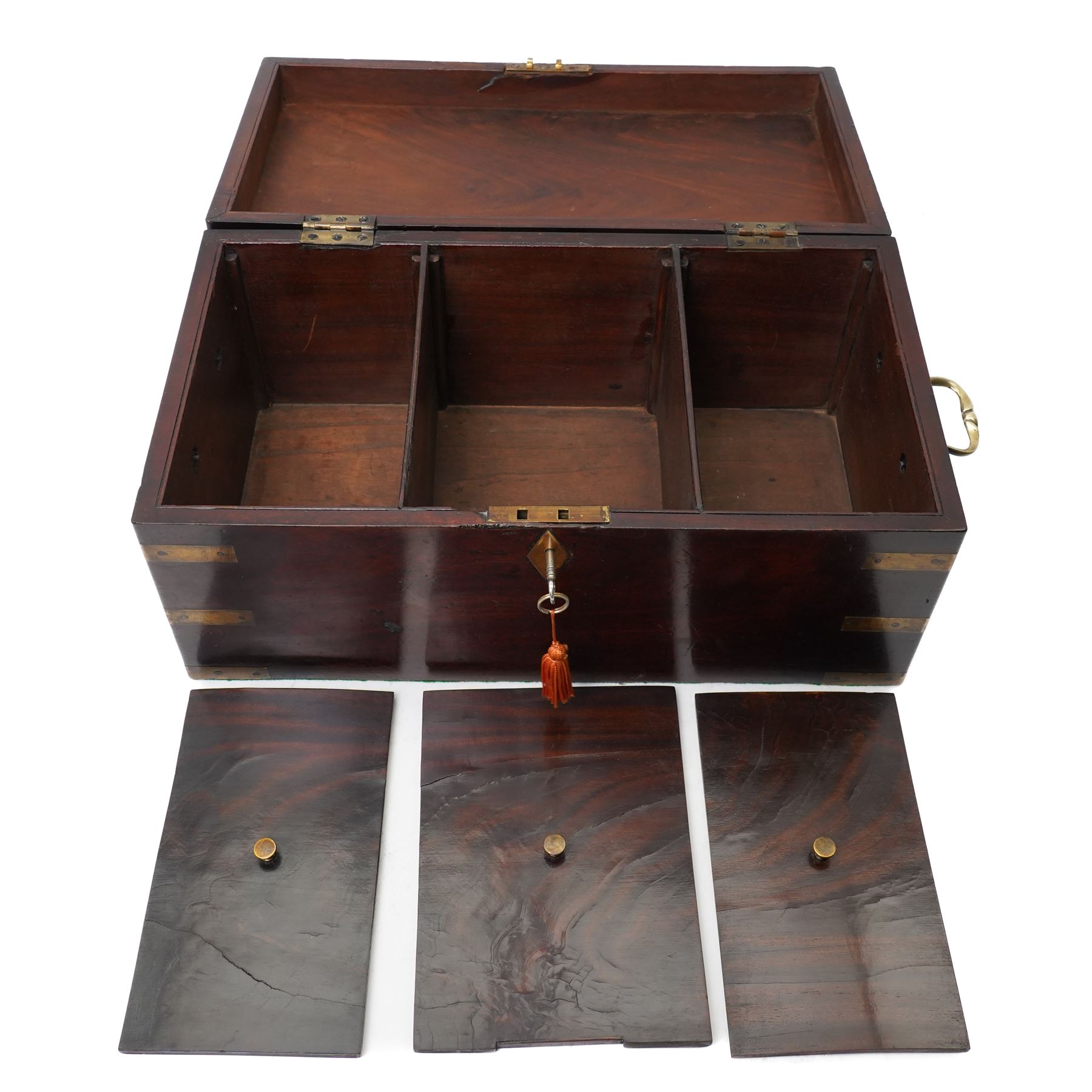 19th century brass bound mahogany tea caddy with three compartments, twin carrying handles, with key