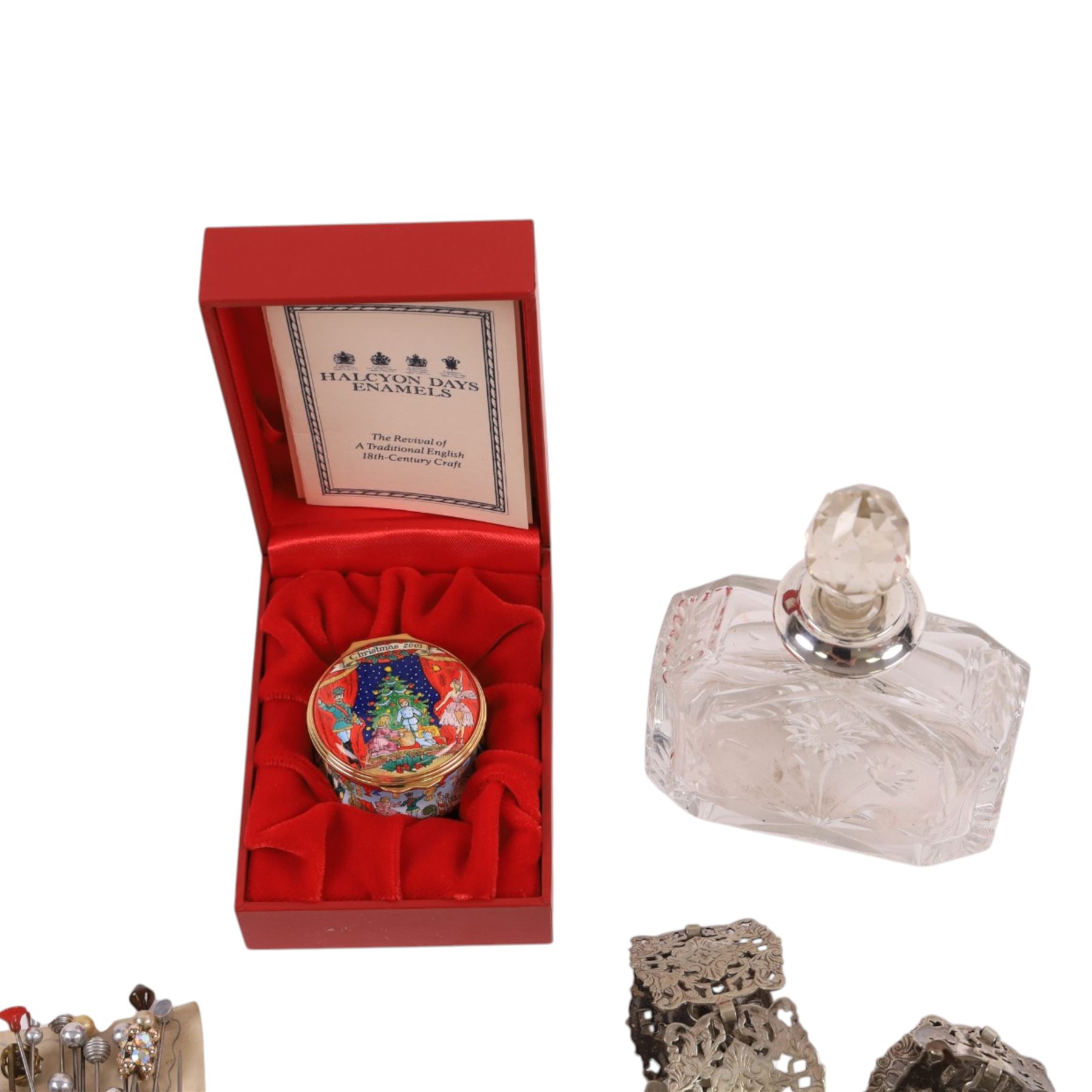 Three silver Charles Horner hat pins, hallmarked, together with Halcyon Days enamel box, silver collared scent bottle, hallmarked, further hat pins, and silver plated belt and buckle