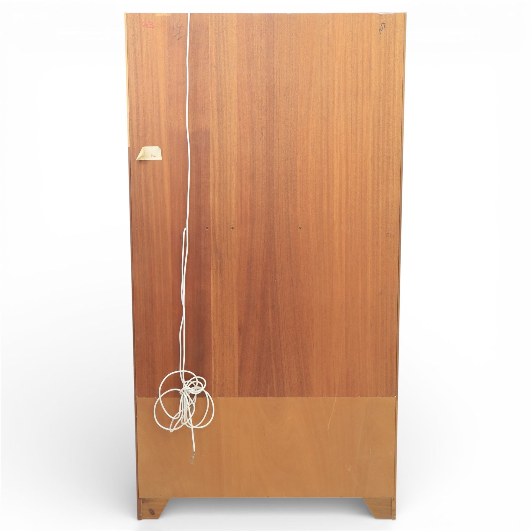 Nathan - teak wall unit, the arched open display recess above a glazed cabinet enclosed by two cupboard doors fitted with internal shelving, the lower section with a recessed serving surface over a pair of signature square panelled cupboard, raised on an integrated plinth base