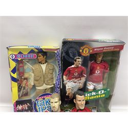 Three Mattel carded Harry Potter dolls - Harry, Hermione & Dumbledore; Vivid Imaginations Take That Robbie doll; all boxed; three Manchester United figures of players (one boxed); and The Simpsons 3-D Chess Game; boxed