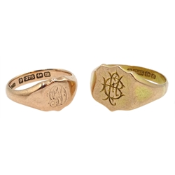 Two Early 20th century 9ct rose gold signet rings, Birmingham 1911 and 1918, approx 9.22gm