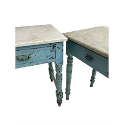 Victorian painted pine washstand with marble top (W160cm, H75cm, D49cm); together with a similar painted pine washstand, in sky blue finish (W101cm, H75cm, D49cm)