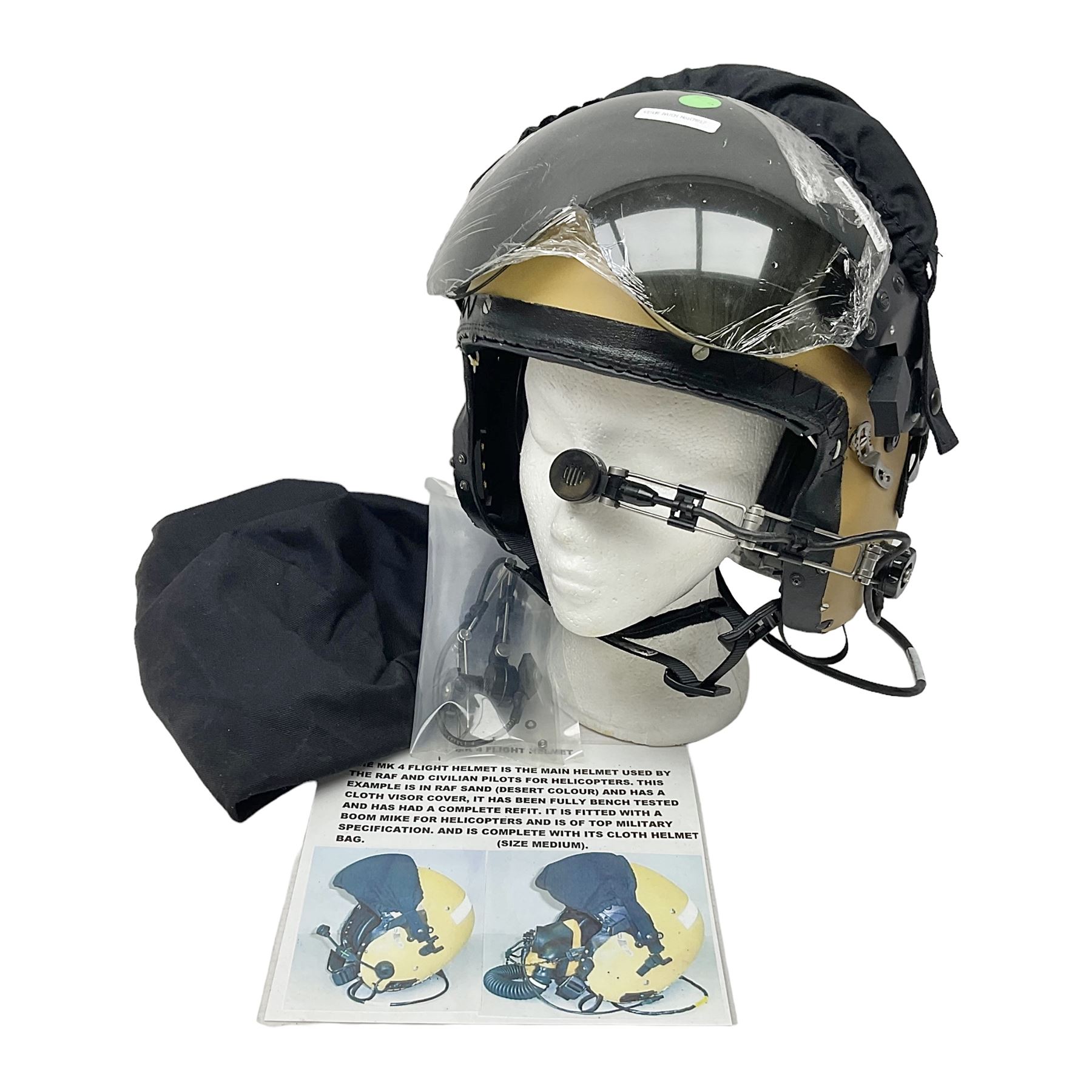 Mk.4 Flight Helmet, as used by RAF and Civilian helicopter pilots; in RAF sand colour (desert use),  fitted with cloth visor cover and working boom mike; has had a complete refit and is bench tested.