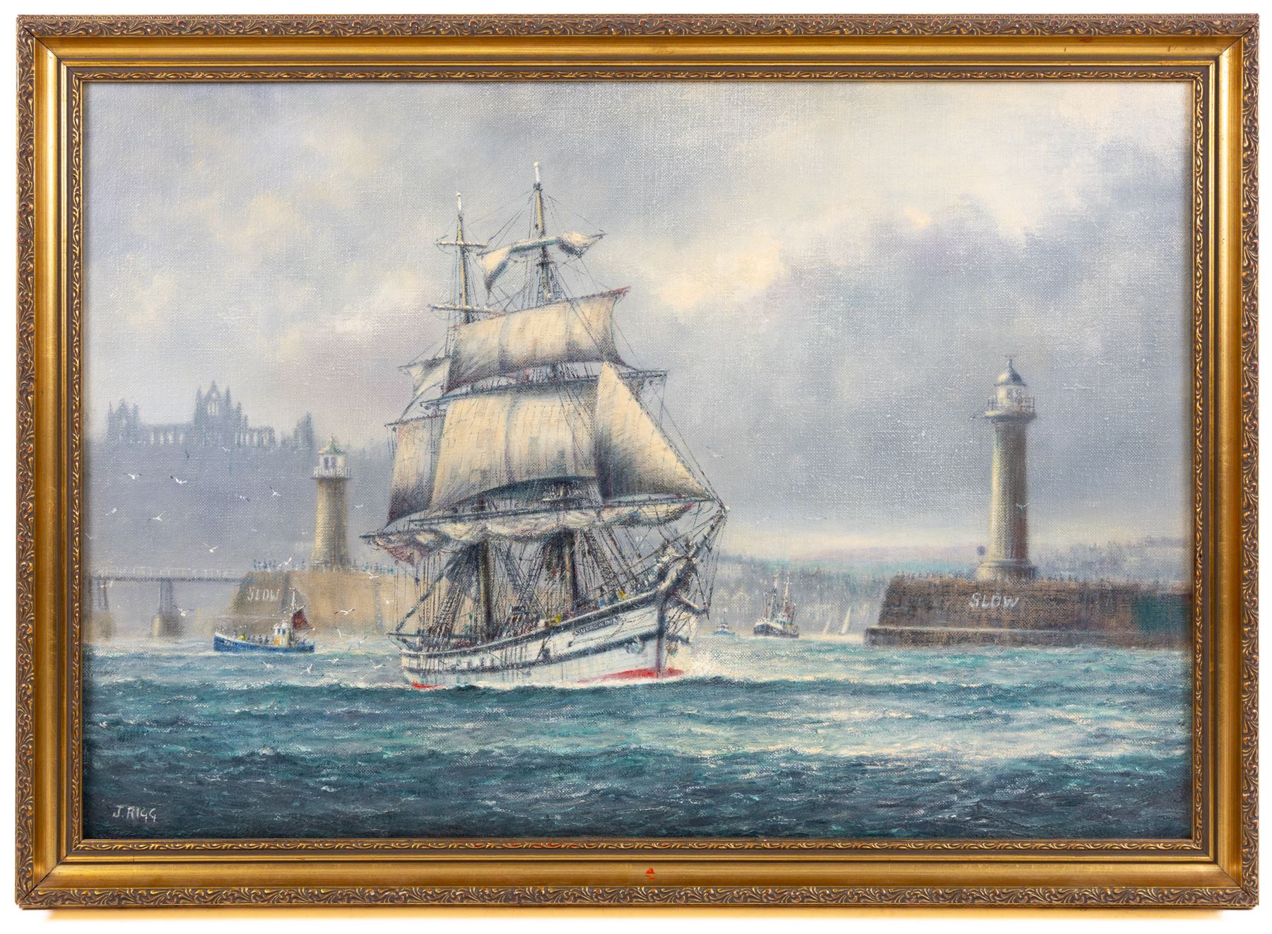 Jack Rigg (British 1927-2023): 'The Cuidad de Inca leaving Whitby 1982', oil on canvas signed, titled verso 45cm x 65cm
Provenance: purchased David Duggleby Ltd 2nd December 2016 Lot 120