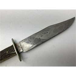 Hunting knife by J Nowill & Sons, Sheffield, the handle inset with mother of pearl, blade length 19cm; George Wolstenholme IXL lock-knife with antler scales L29cm open; and another Bowie style hunting knife marked 'V.R. Warranted Sheffield Joseph Ellis & Sons' in leather sheath (3)